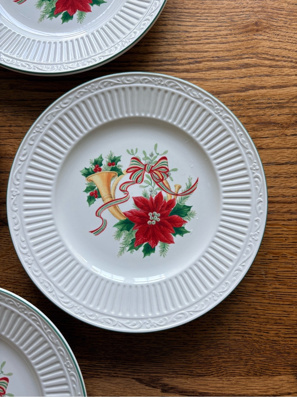 Mikasa Italian Holiday with Poinsettia, Horn, and Bow Salad Plates - set of 4. - Picture 3 of 12